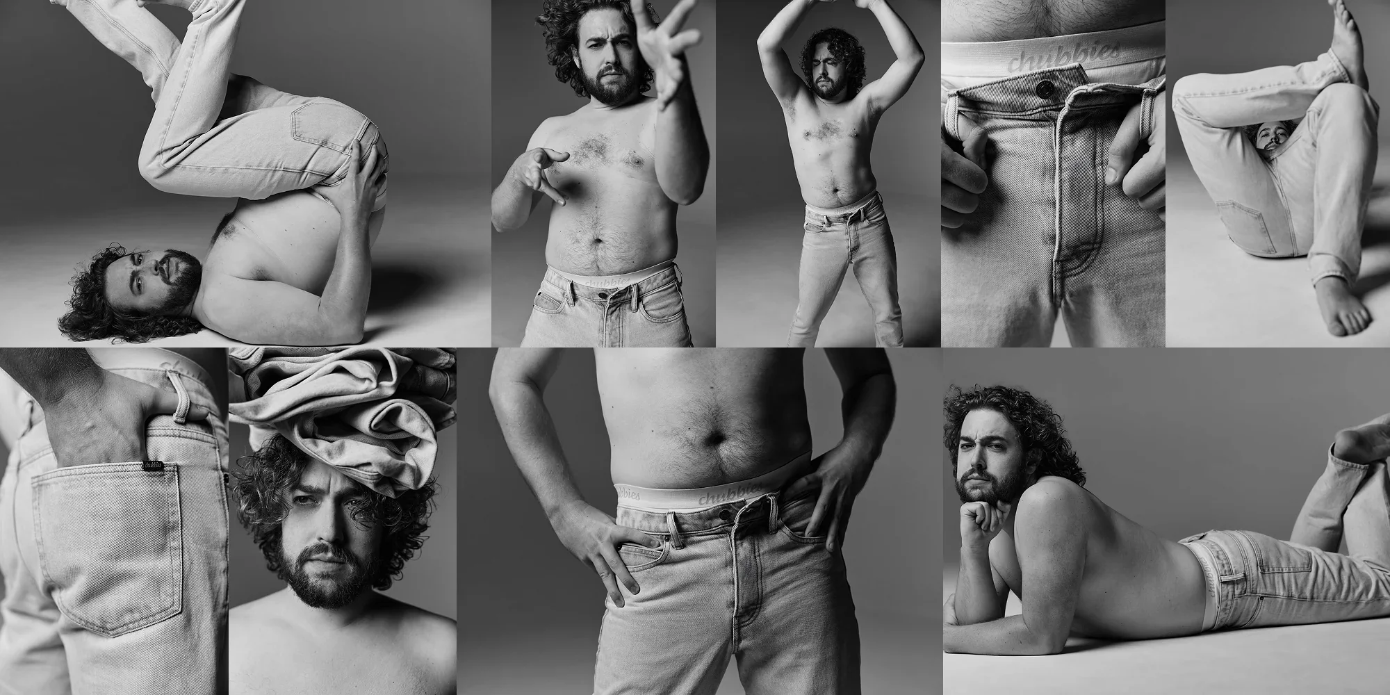 A black and white collage of men posing in jeans against a studio backdrop