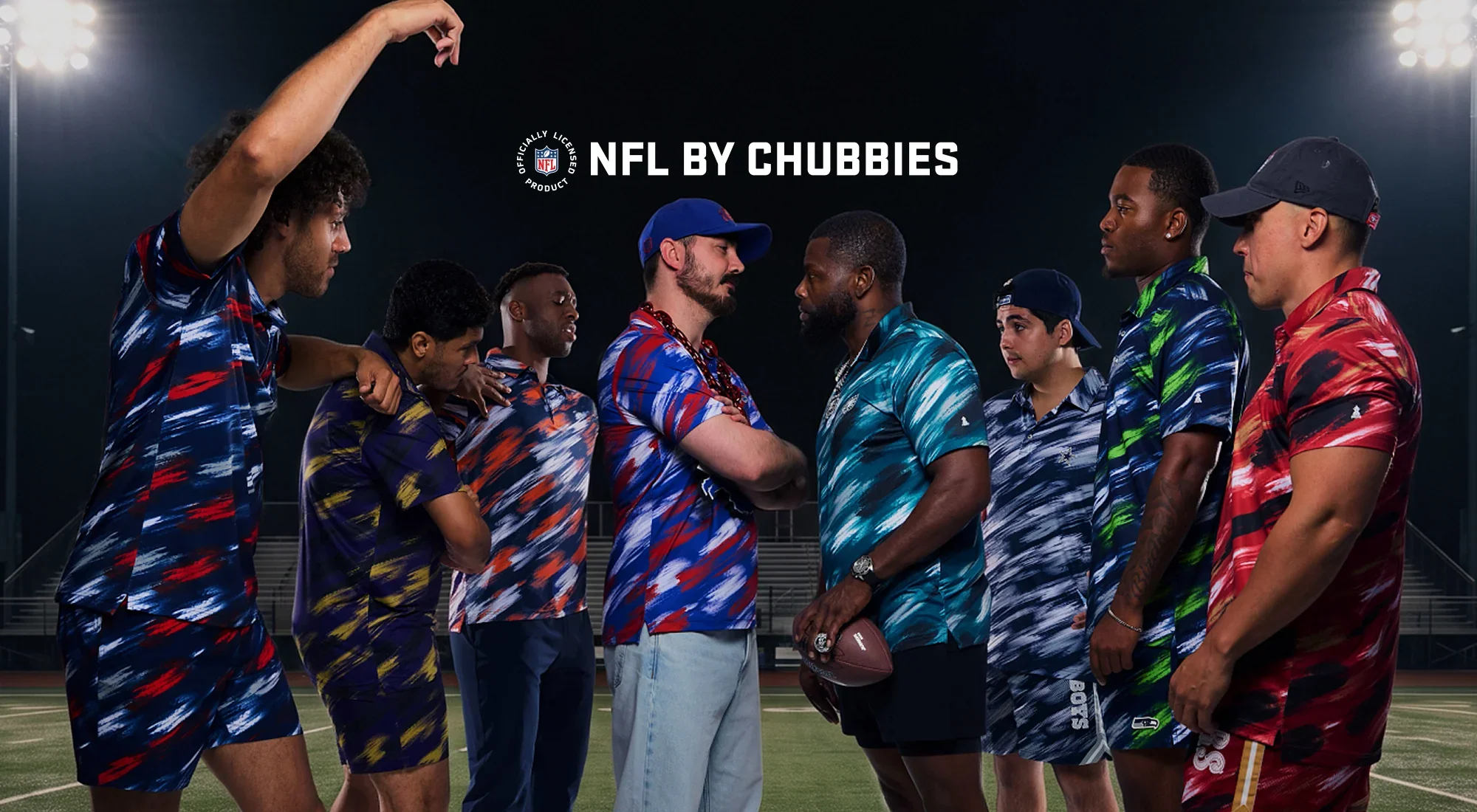 Players in team-print polos face off on a stadium field at night under NFL by Chubbies