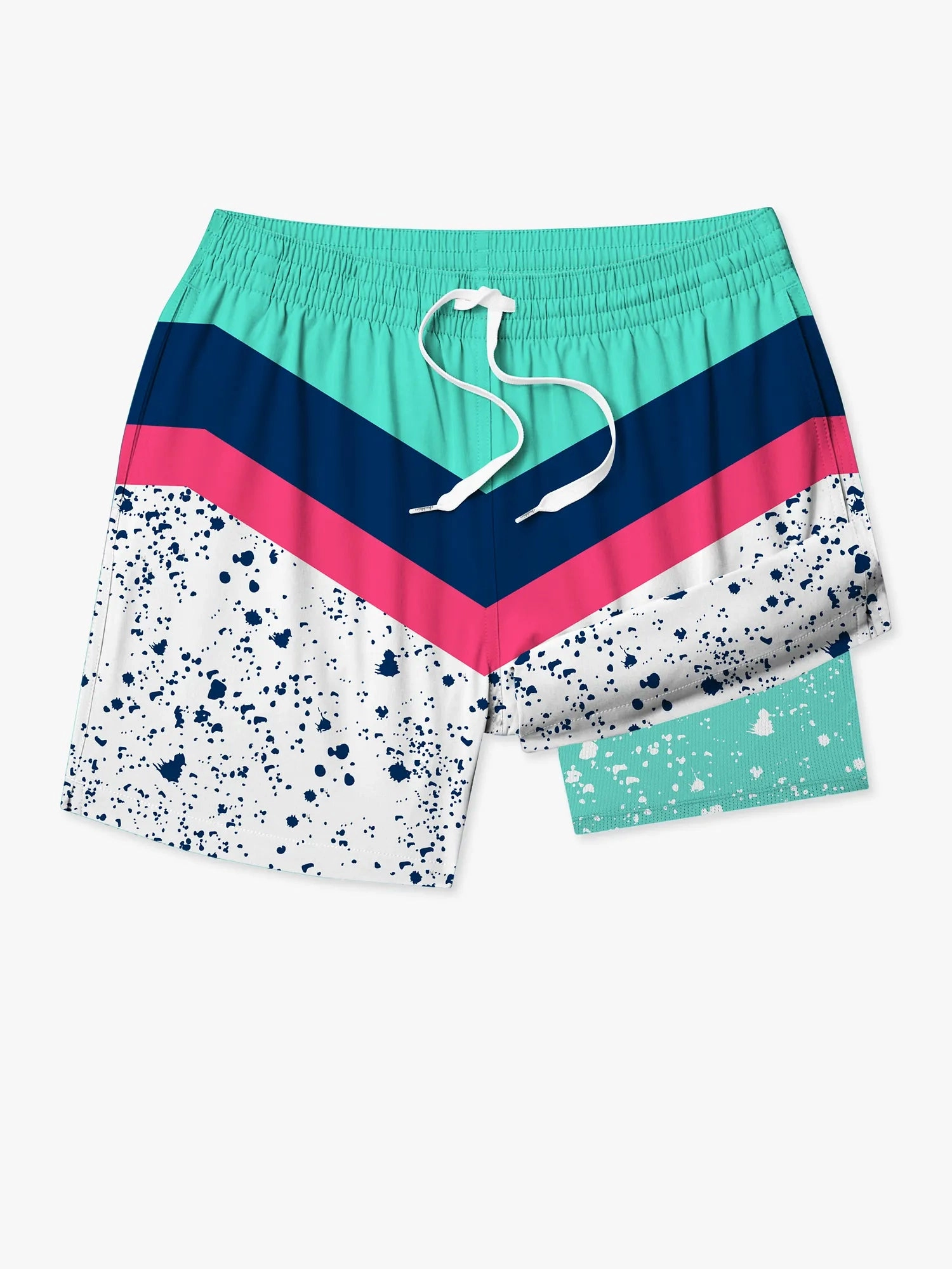 The Aquatic Libations 5.5" Classic Lined Swim Trunk in navy, teal and pink with speckles