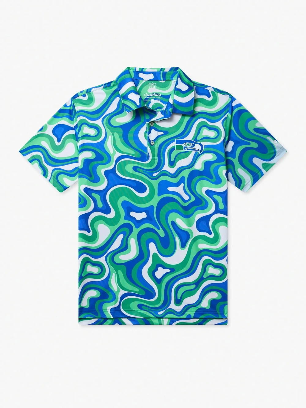 The Groovy With It Seahawks polo in a blue and green swirl print