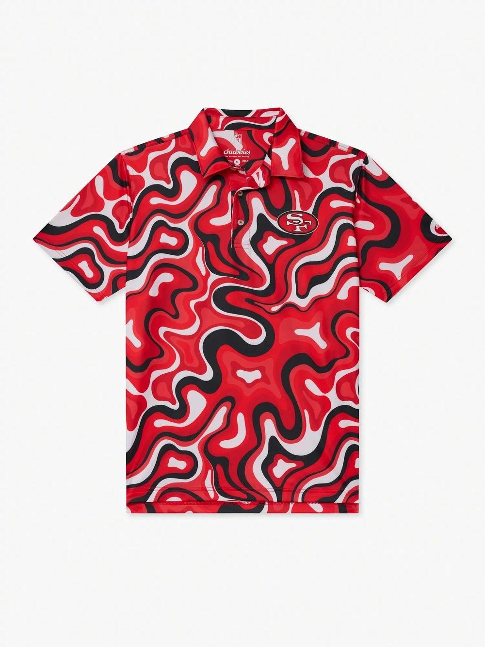 The Groovy With It 49ers polo in a red swirl print