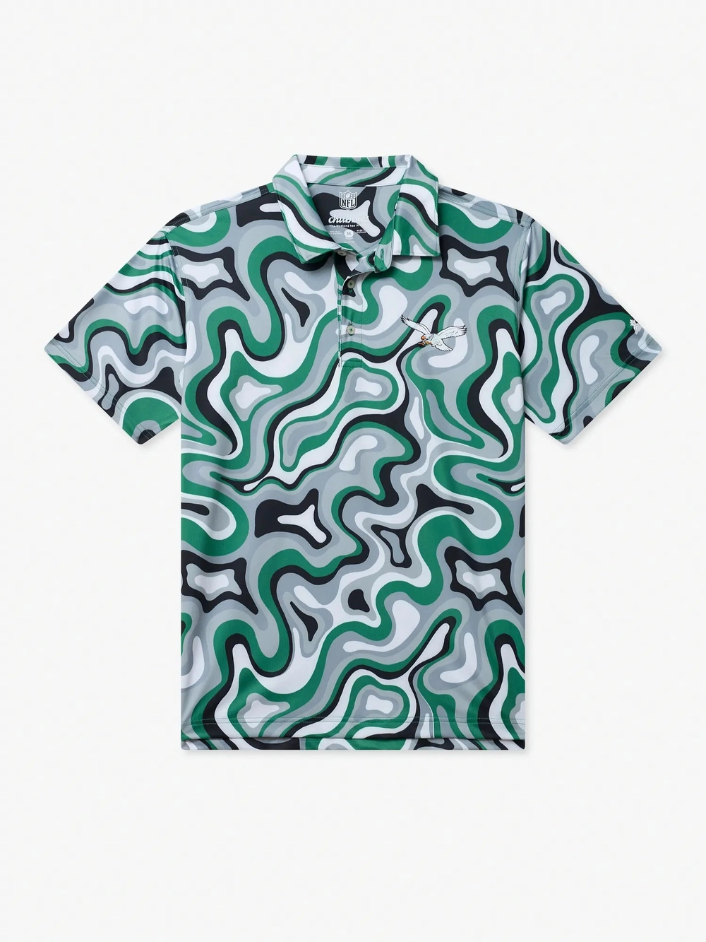 The Groovy With It Eagles polo in a green and gray swirl print