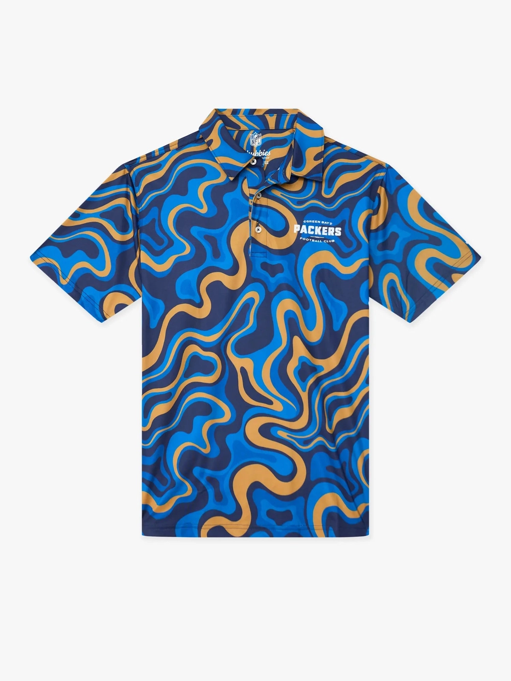 The Groovy With It Packers polo in a navy and orange swirl print