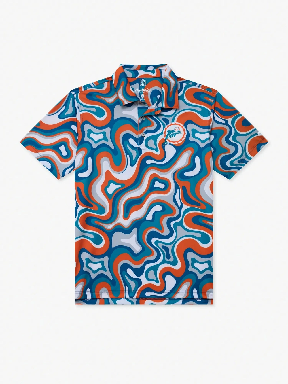 The Groovy With It Dolphins polo in a teal, orange and navy swirl print