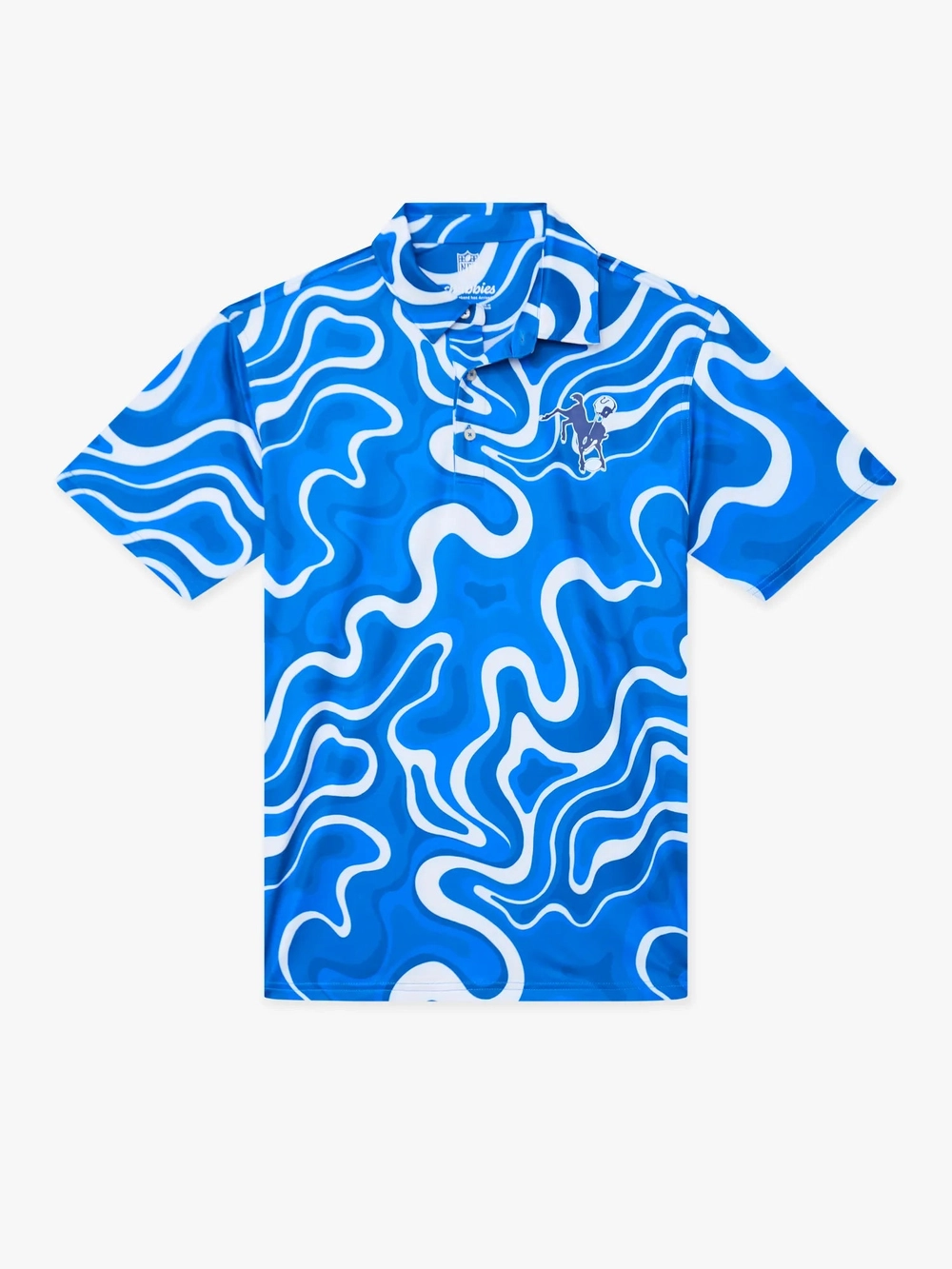 The Groovy With It Colts polo in a bright blue and white swirl print