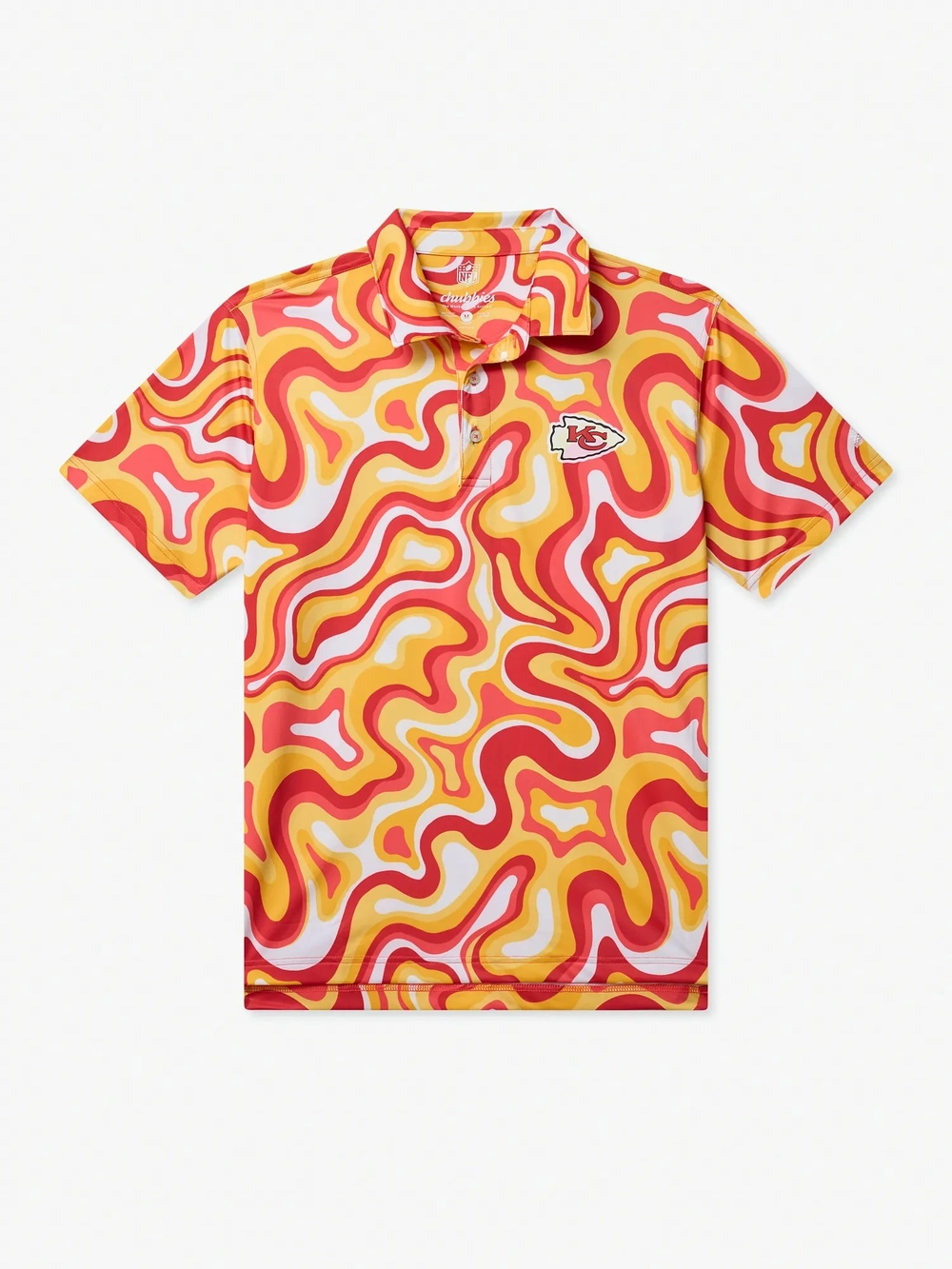 The Groovy With It Chiefs polo in a red, orange and yellow swirl print