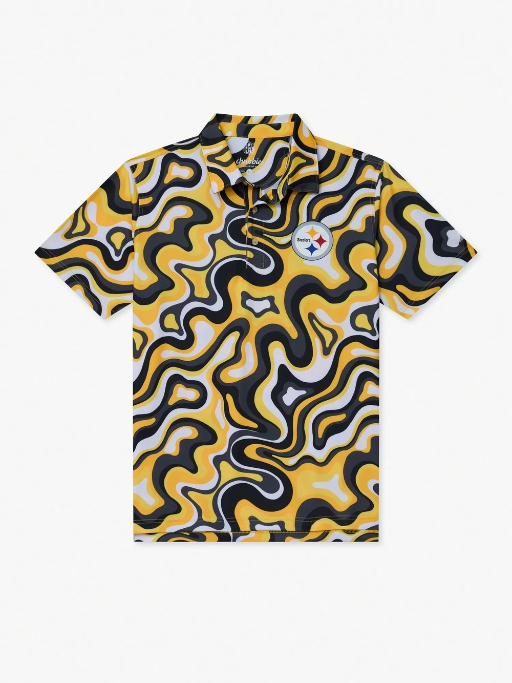 The Groovy With It Steelers polo in a black and gold swirl print
