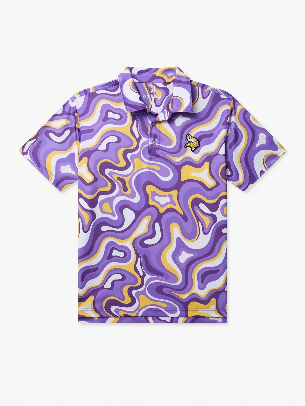 The Groovy With It Vikings polo in a purple and yellow swirl print