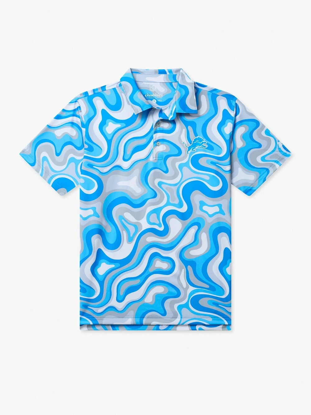 The Groovy With It Lions polo in a light blue swirl print