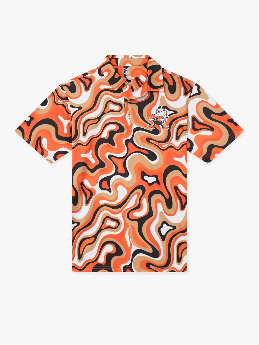 The Groovy With It Browns polo in an orange and brown swirl print