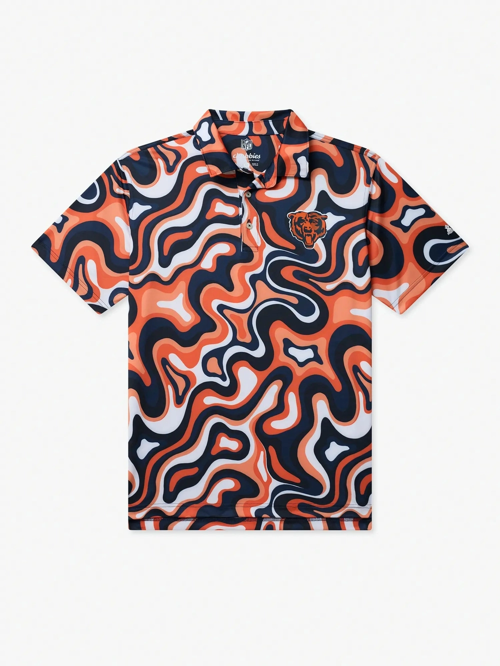 The Groovy With It Bears polo in a black and orange swirl print