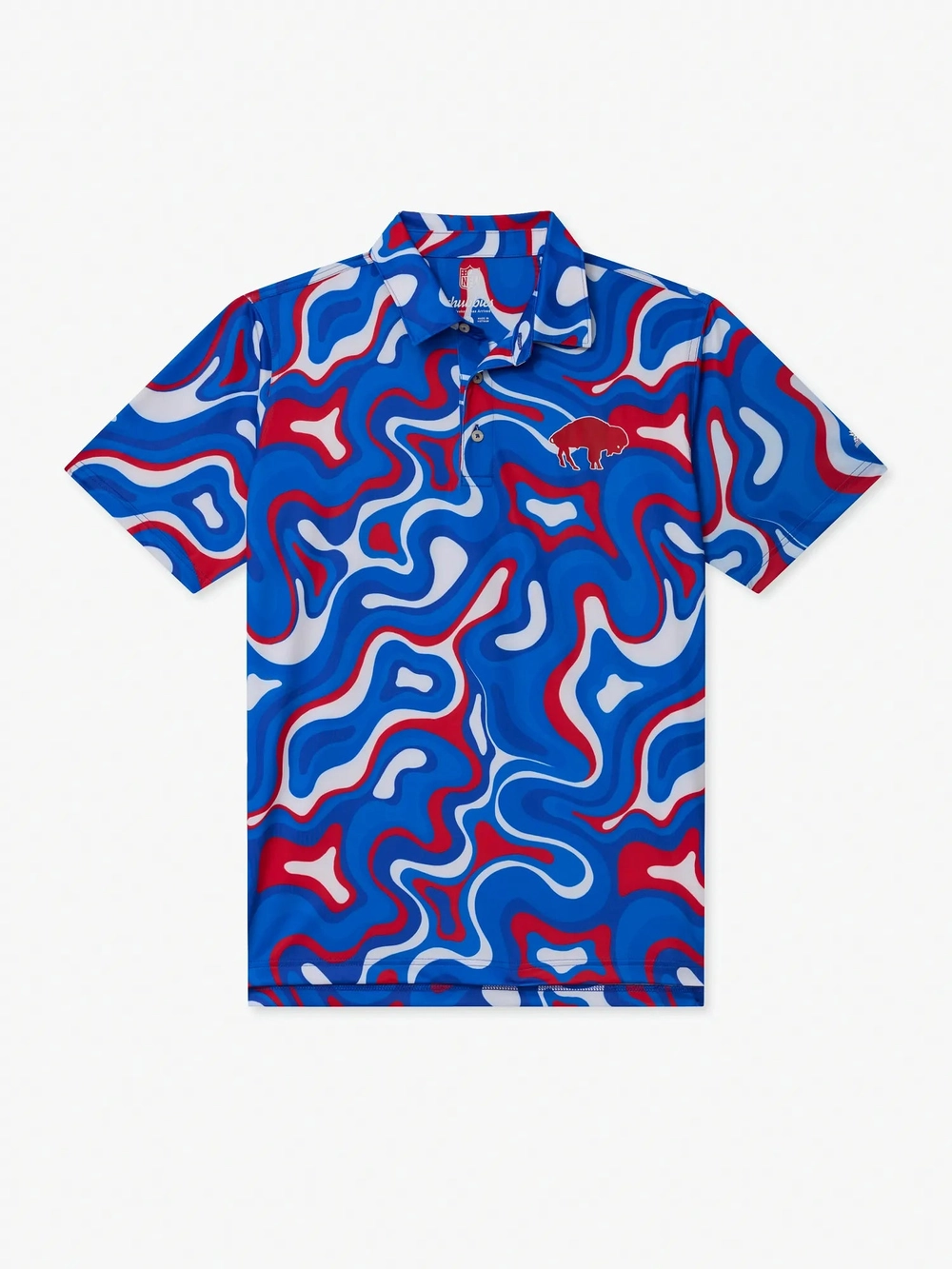The Groovy With It Bills polo in a royal blue and red swirl print